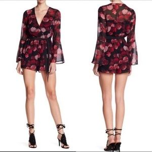 NWT BCBG Floral Rose Print Sheer Bell Sleeved Belted Romper Jumpsuit - Small